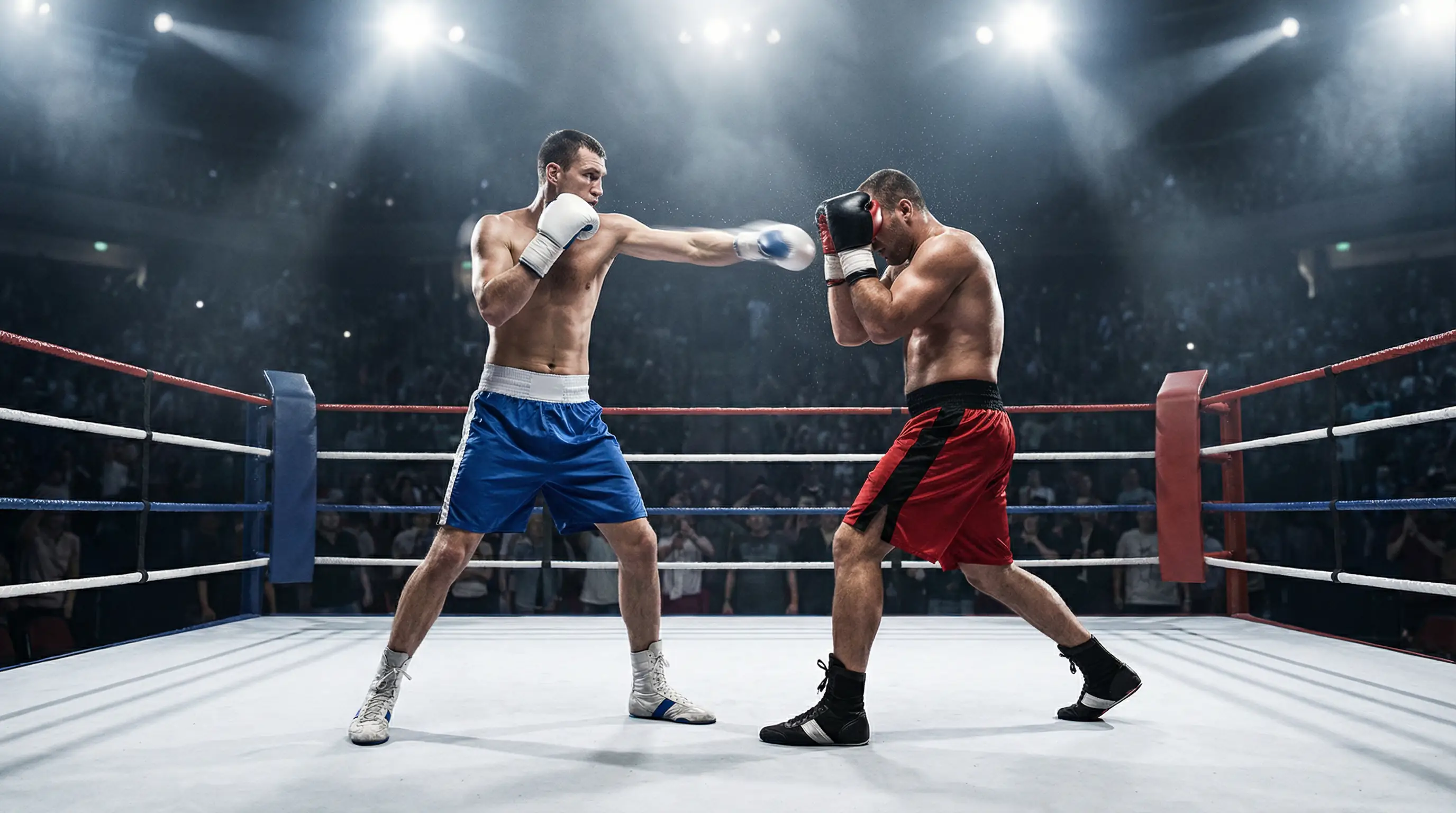 Zwei Boxer im Ring zeigen unterschiedliche Kampfstile — Outboxer gegen Slugger beim Profiboxen