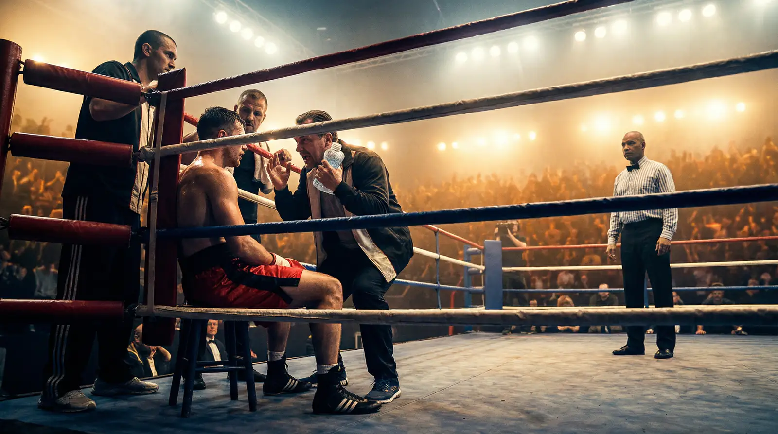 Live-Wetten auf Boxkämpfe — Boxer in der Rundenpause im beleuchteten Ring mit Publikum
