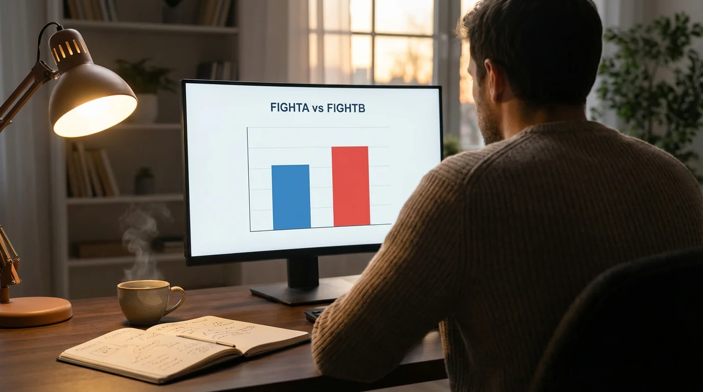 Kampfanalyse für Boxwetten — Person analysiert Boxkampf-Statistiken und Kampfbilanzen am Schreibtisch